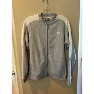 Puma Womens Full Zip Track Jacket Heather Gray White Stripe Size Medium Raglan